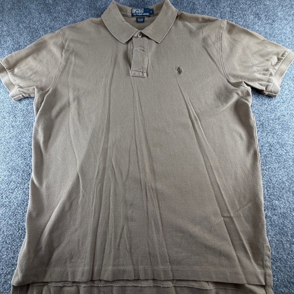 Polo Ralph Lauren Mens Large Tan Khaki Cotton Pique Short Sleeve Polo Shirt 0306